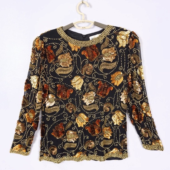 Vintage Oleg Cassini100% Silk Beaded SequinWedding Blouse M Shoulder Pads